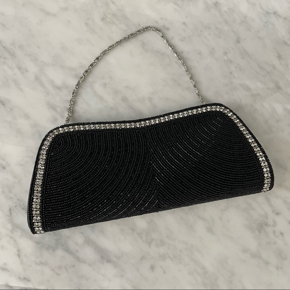 Beaded formal black evening clutch with crystals and silver chain